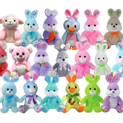 A colorful assortment of Easter-themed plush toys including bunnies, chicks, lambs, and bears in pastel shades of pink, blue, green, and purple, arranged on a white background.