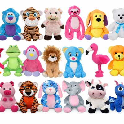 Jumbo plush animal mix featuring 20 colorful stuffed animals including monkey, bear, tiger, elephant, flamingo, duck, dragon and farm animals on white background