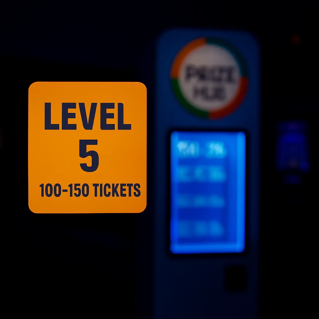 Level 5 redemption prize label for 100+ tickets in front of a Prize Hub machine at an arcade