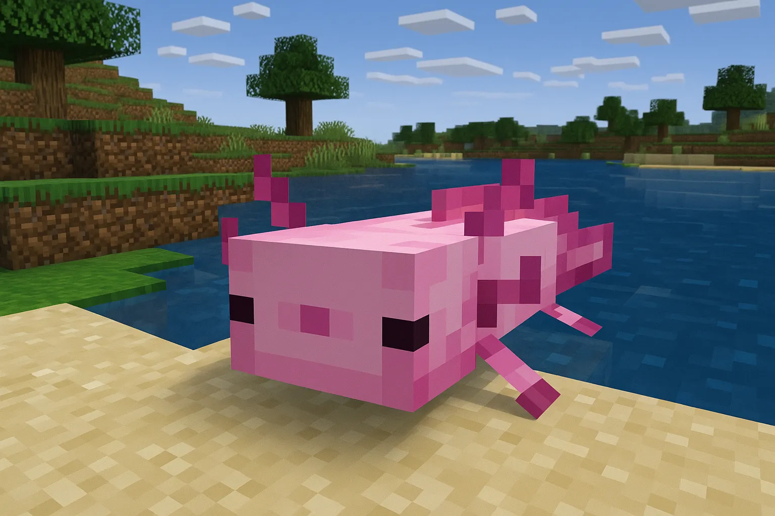 Axolotl near a sandy Minecraft shoreline