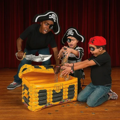 Three excited kids dressed as pirates playing on stage with a large inflatable treasure chest overflowing with gold and jewels, in front of a red curtain in an auditorium.