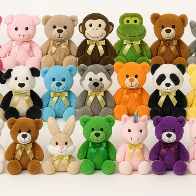"Assorted colorful plush toys arranged in rows, including bears, animals, and fantasy characters with ribbons, on a white background."