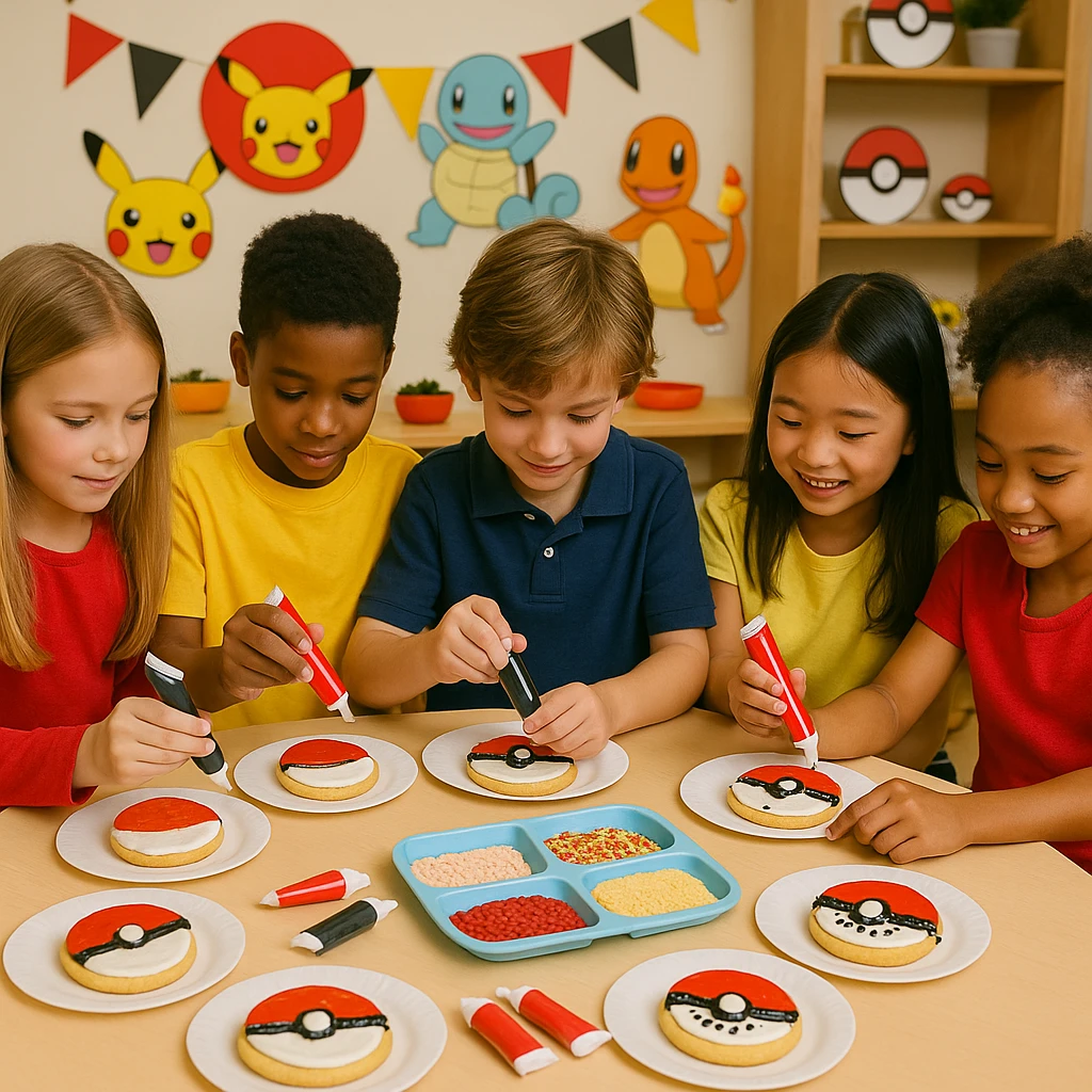 Kids decorating Poké Ball cookies with red, black, and white icing at a Pokémon-themed party
