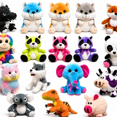 Assorted small value mix plush toys featuring a dragon, foxes, panda, raccoons, monkey, llama, wolf, elephant, cow, koala, dinosaur, pig, and other colorful animal characters on a white background. Ideal for claw machines, crane games, redemption counters, arcades, and prize programs.