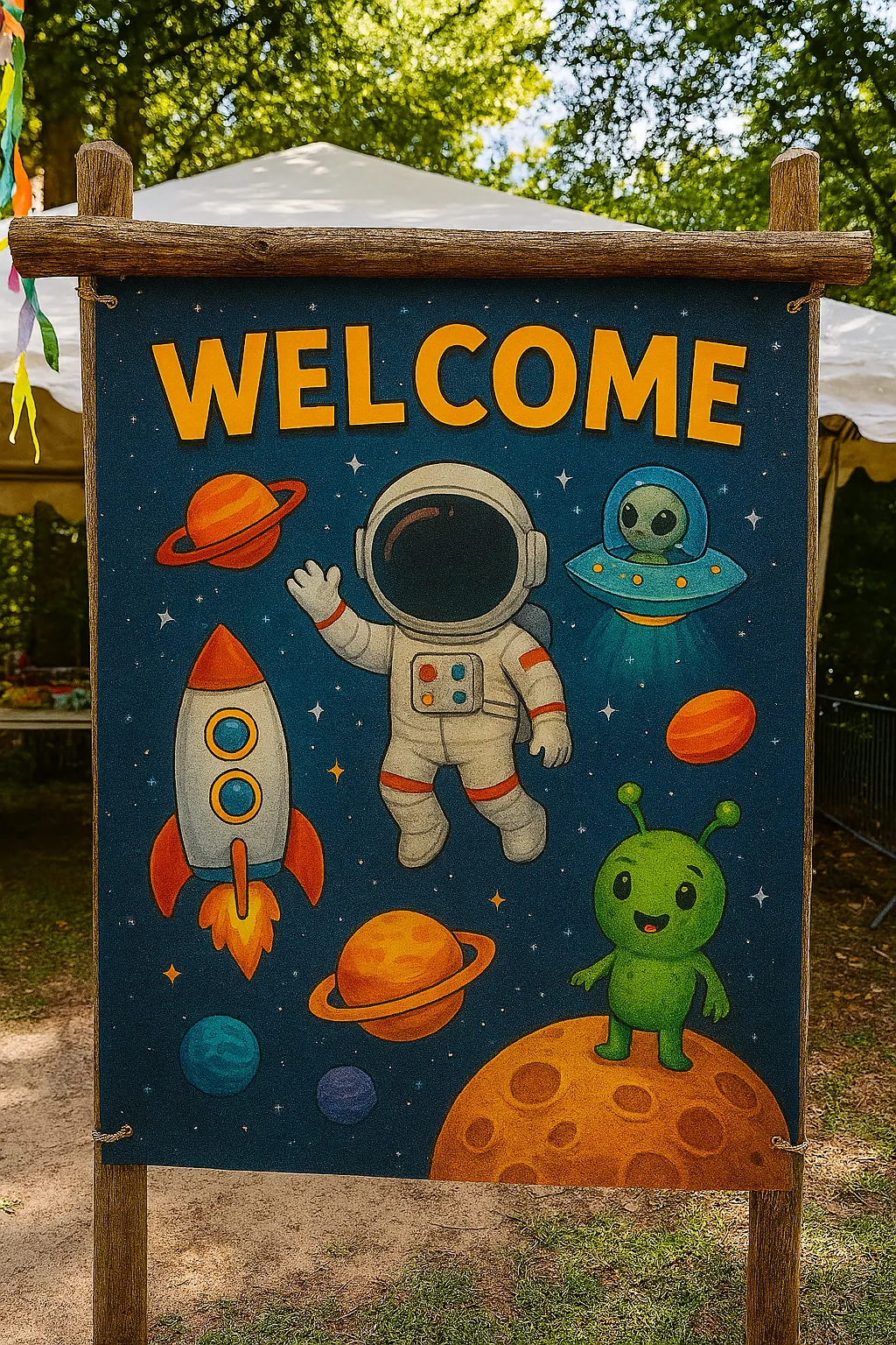 Space Party Welcome Sign at Entrance