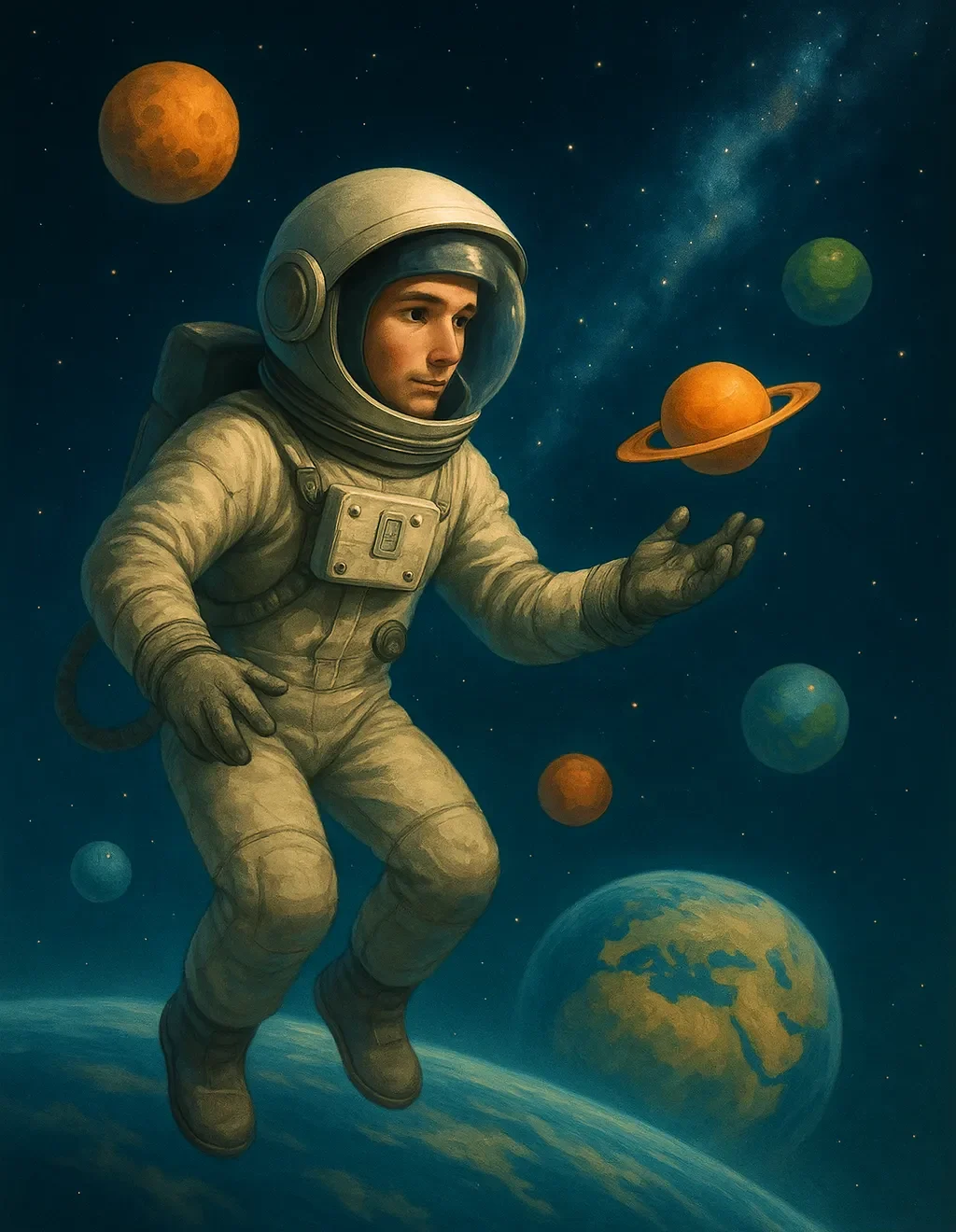Cropped space theme artwork with stars, planets, and glow