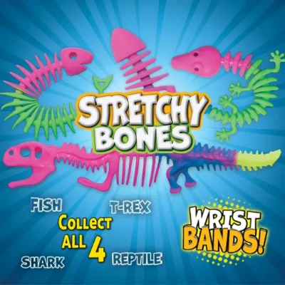 "Stretchy Bones toy wristbands in the shapes of colorful skeletons including a T-Rex, fish, shark, and reptile. Text reads 'Stretchy Bones – Collect all 4 – Wrist Bands!' on a bright blue burst background with playful fonts."