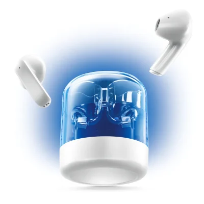 “Enhanced 3D render of white wireless earbuds with a transparent blue charging case, displayed against a white background with soft blue lighting glow.”