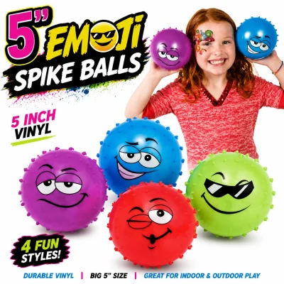 5-inch Emoji Spike Balls made from durable vinyl with four assorted smiley face designs, shown with a child for size reference on a white background.