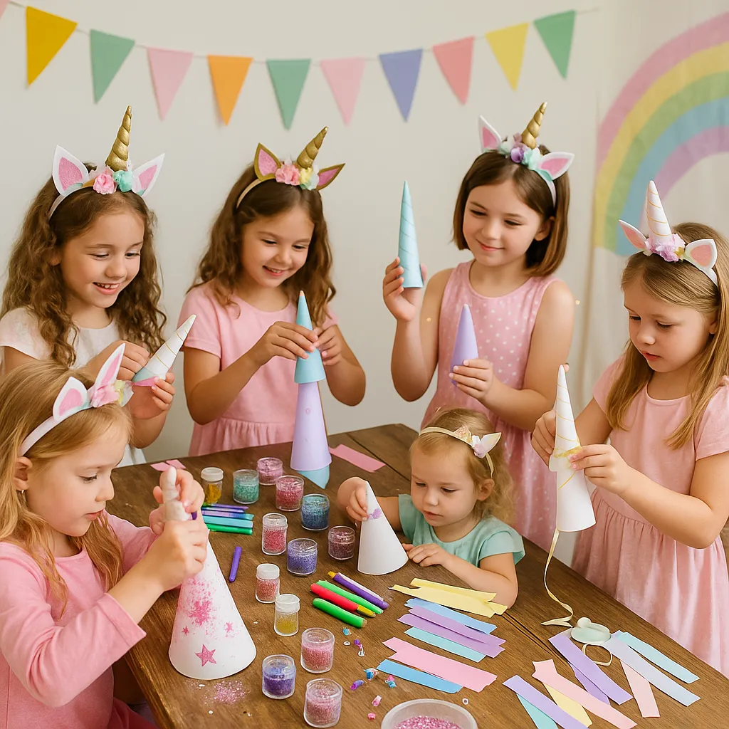 Girls creating unicorn horns with glitter and cardstock