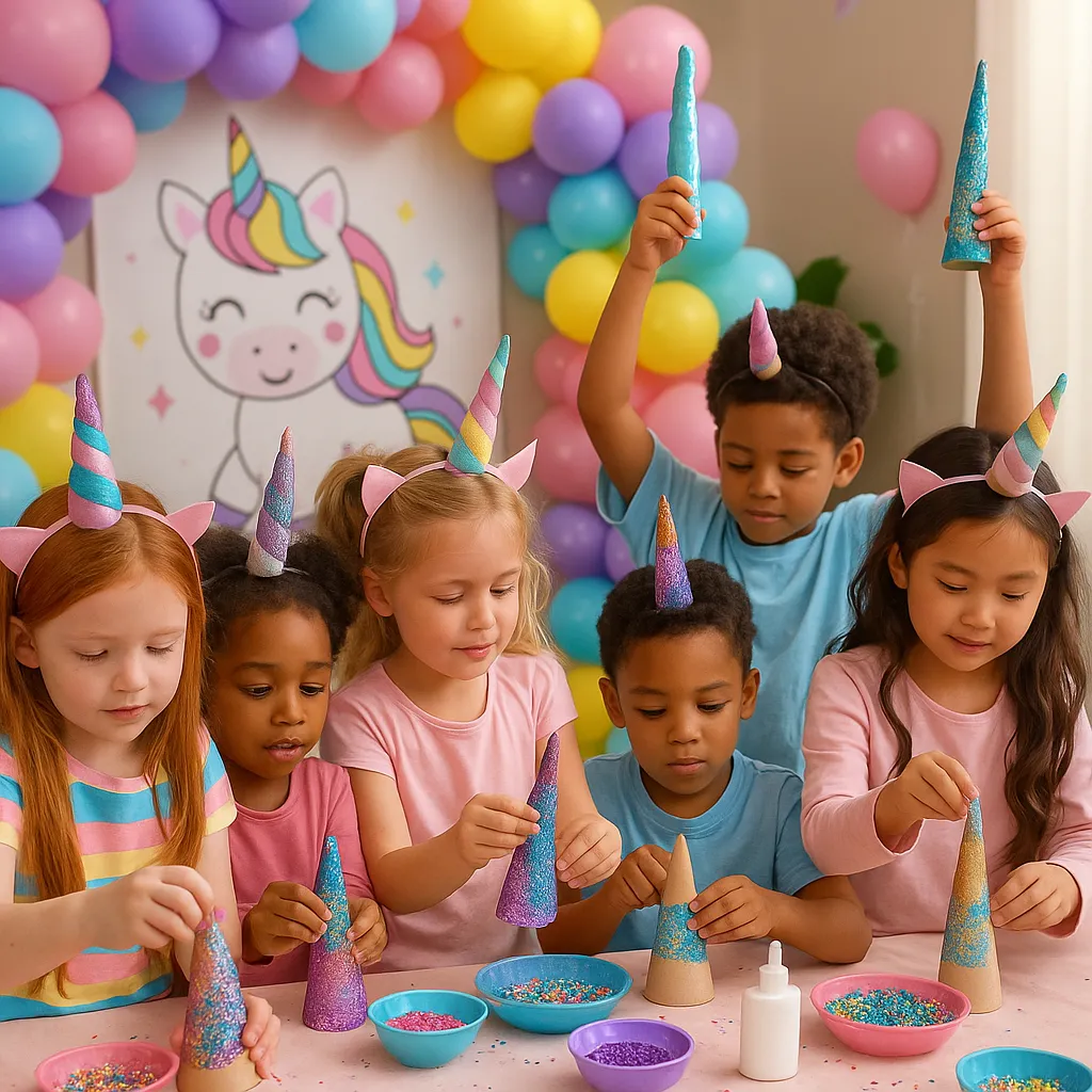 Kids decorating unicorn horns with glitter and sprinkles