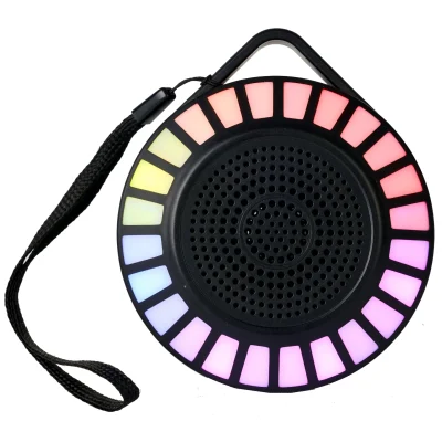 Round portable wireless speaker with multicolor LED light ring and black wrist strap, shown on white background.