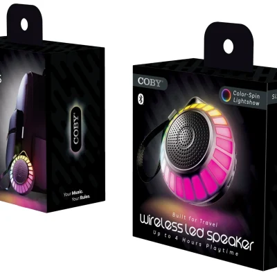 Retail packaging for COBY True Wireless LED Speaker featuring multicolor lightshow, built-in mic, and portable design with wrist strap.