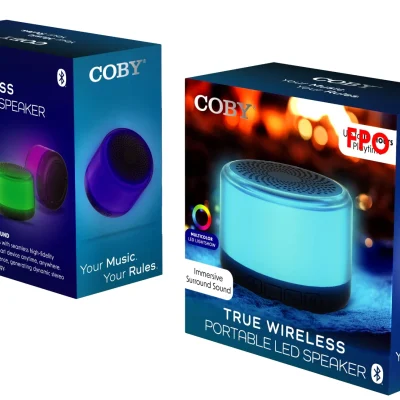 Retail packaging for COBY True Wireless Portable LED Speaker, featuring multicolor lightshow, Bluetooth 5.3, built-in mic, and immersive sound graphics