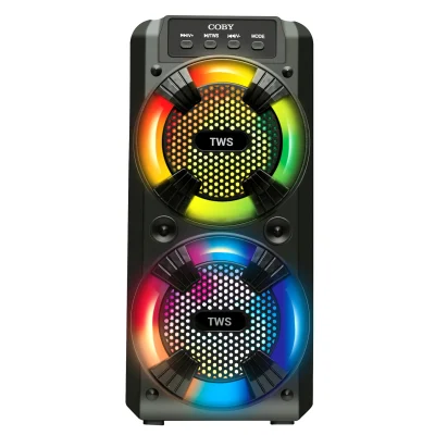 COBY dual-driver portable Bluetooth speaker with multicolor LED light rings and True Wireless Stereo (TWS) buttons, featuring a rugged black exterior and control buttons on top.