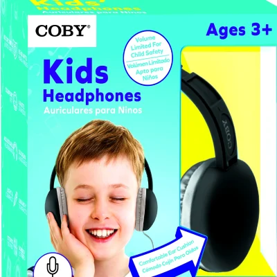 "Retail packaging for kids’ headphones with built-in mic, soft ear cushions, volume-limiting safety feature, and colorful design for ages 3 and up."