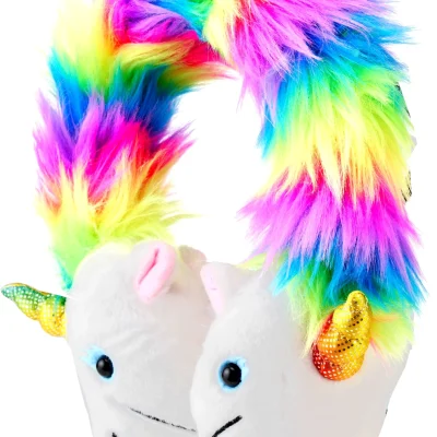 "Plush unicorn-themed kids headphones with rainbow faux fur headband, glittery multicolor horns, and soft white unicorn ear covers on each side."