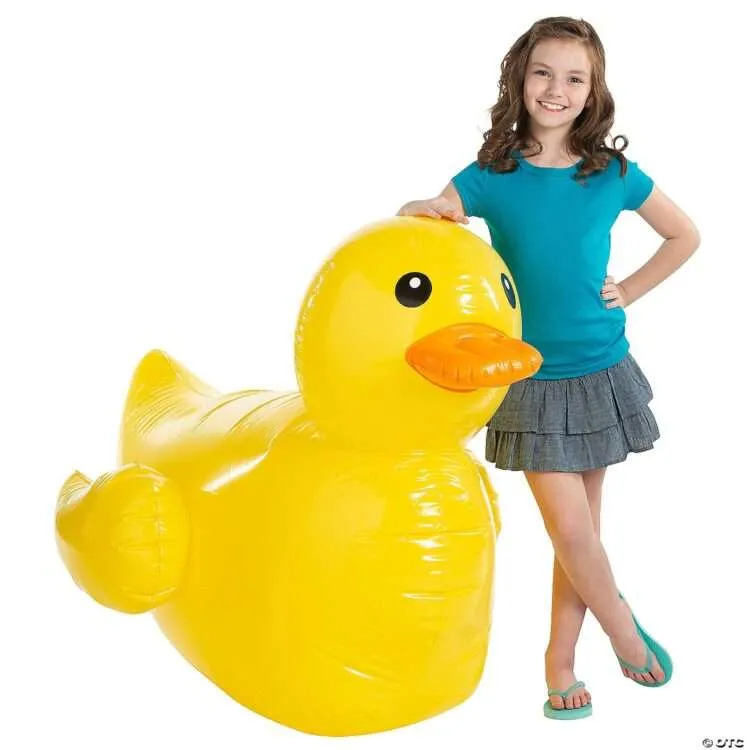 Giant inflatable yellow duck rafts floating in a pool party