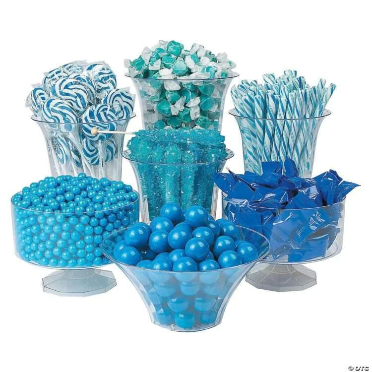 Assorted blue candy mix with gumballs, rock candy, and wrapped treats—perfect for ocean-theme jars.