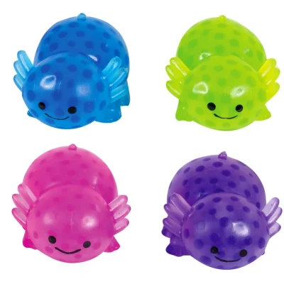 "Set of four colorful squishy axolotl toys in blue, green, pink, and purple with spotted bodies and cute smiling faces, arranged in a 2x2 grid." "Set of four colorful squishy axolotl toys in blue, green, pink, and purple with spotted bodies and cute smiling faces, arranged in a 2x2 grid."