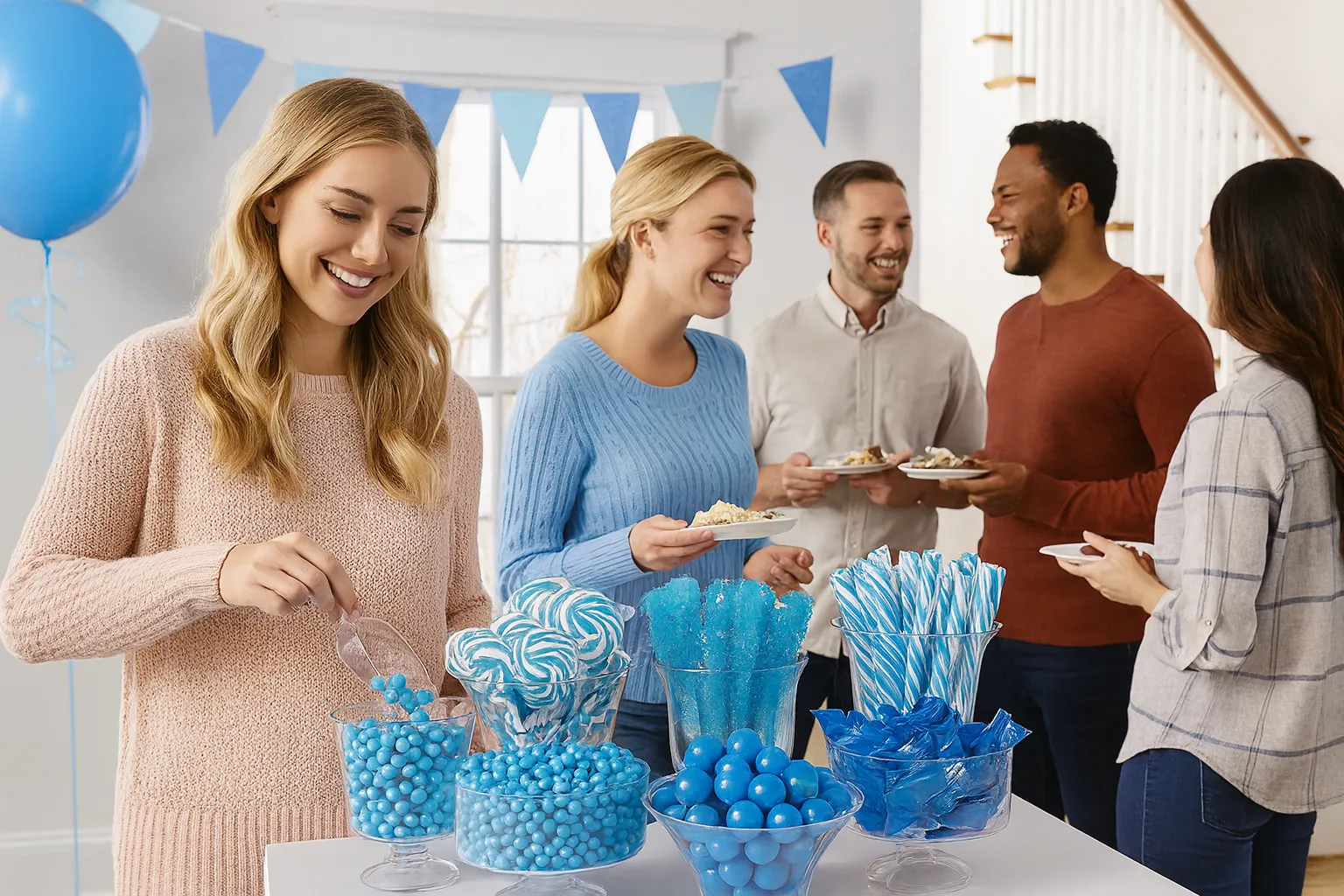 Guests enjoying a blue candy buffet at a baby shower with themed decorations.