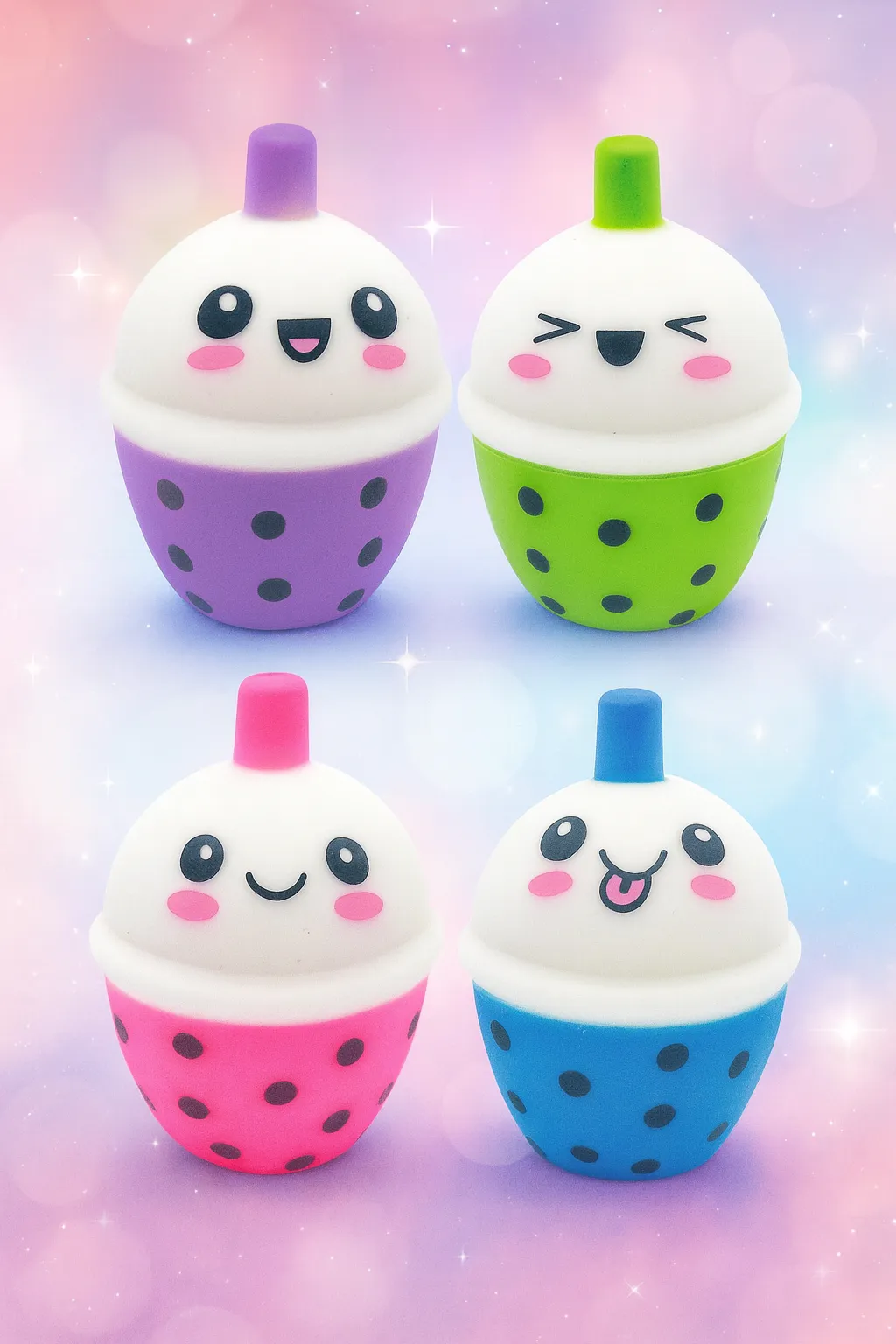 Kawaii boba tea squishy toys in pastel colors with happy faces