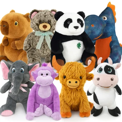 "Assorted plush stuffed animals including a panda, teddy bear with bow, dinosaur, cow, bull, purple monkey, gray elephant, and brown bear."