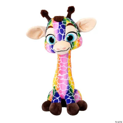 "Rainbow patterned giraffe plush toy with large eyes, front view"