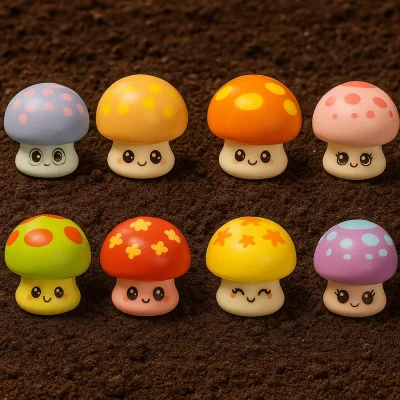 Set of eight colorful mushroom squishy toys with kawaii faces arranged on natural dirt background in two rows