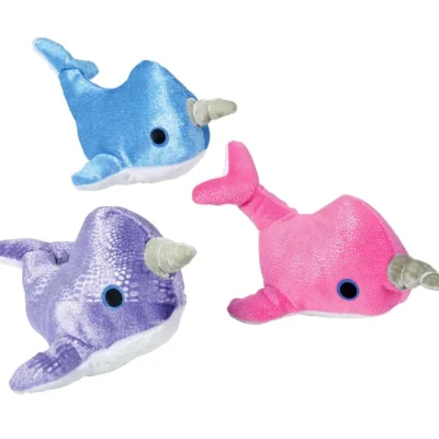 "Three plush narwhal toys in blue, pink, and purple with sparkly textures and light gray horns, arranged on a white background."