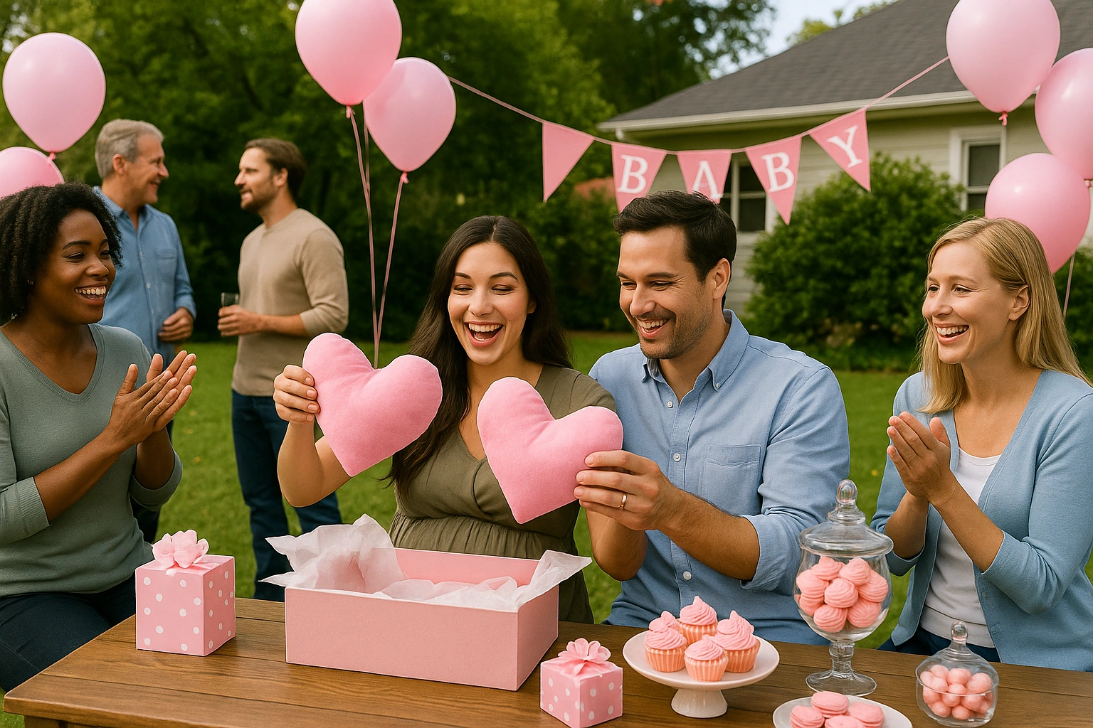 Pink backyard baby shower with balloons, pillows, and candy jars.