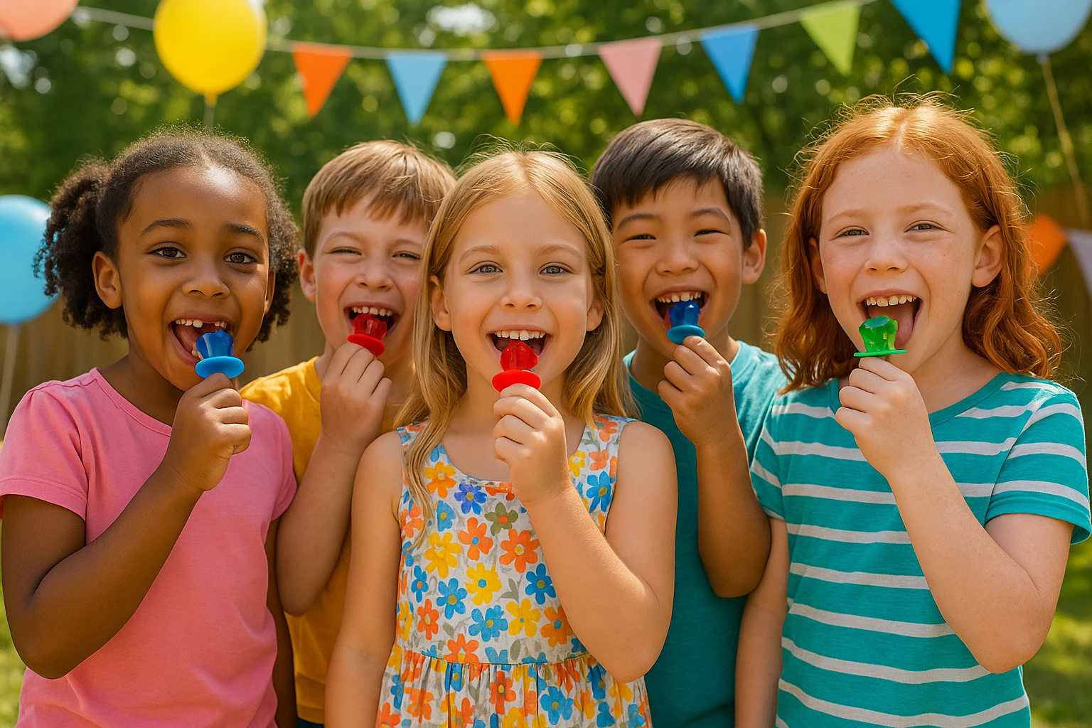 Five smiling children of diverse backgrounds enjoying colorful Ring Pops at an outdoor party, with balloons and banners.