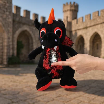 10-inch two-tone flipping sequin dragon plush; red/black sequins change with a swipe, shown in front of a stone castle courtyard.
