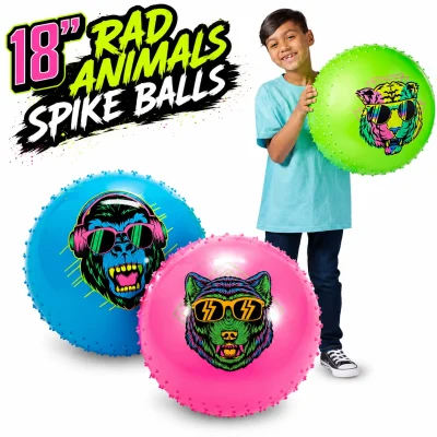 18-inch Rad Animals Spike Balls with child for size reference, featuring colorful inflatable vinyl spike balls with neon animal graphics including a gorilla, tiger, and bear on a white background.