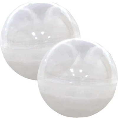 "Clear 75mm round vending machine capsules, empty plastic containers for toys or prizes, displayed on a clean white background."