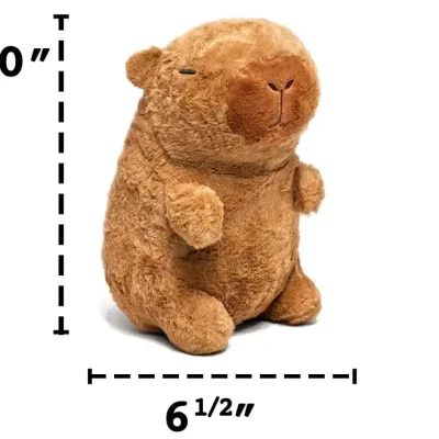 "Brown capybara plush toy measuring 10 inches tall and 6.5 inches wide displayed with measurement lines on a white background."