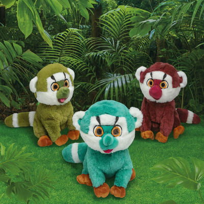 Three kawaii plush lemurs in a lush jungle background, perfect for arcade prizes and kids’ gifts.