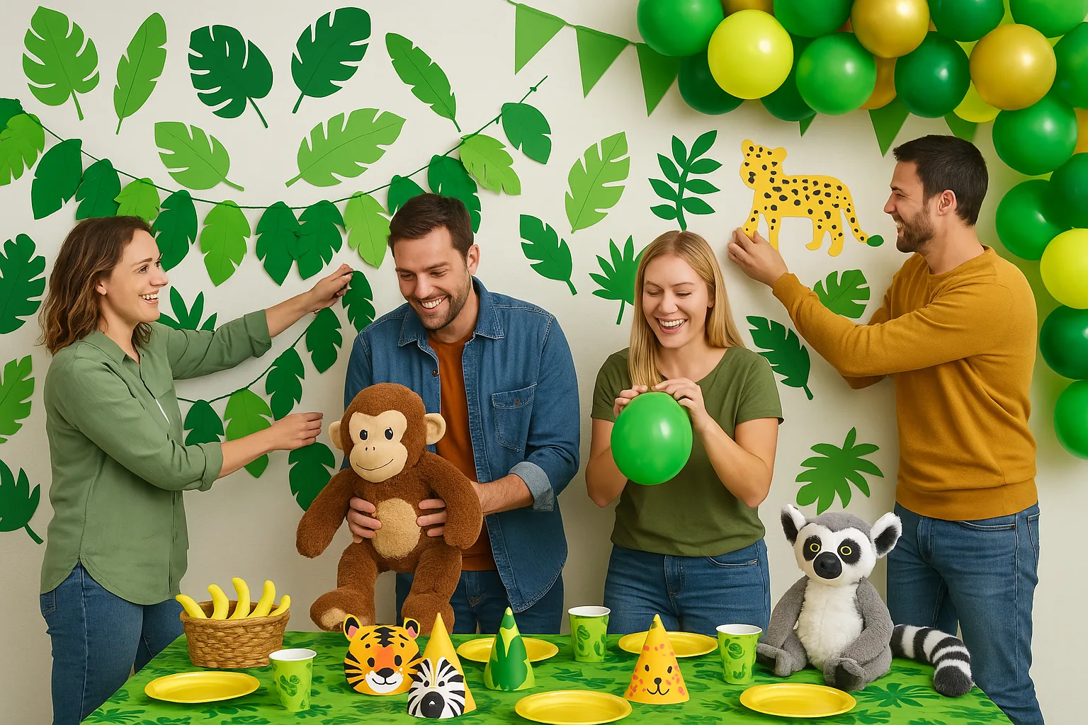 Adults hanging jungle leaves and balloons while setting a green table with plush animals
