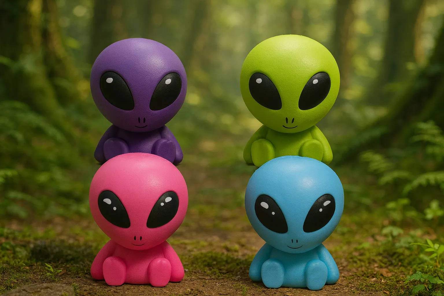 Set of four alien figurines posed on a mossy forest path in an enchanted setting.