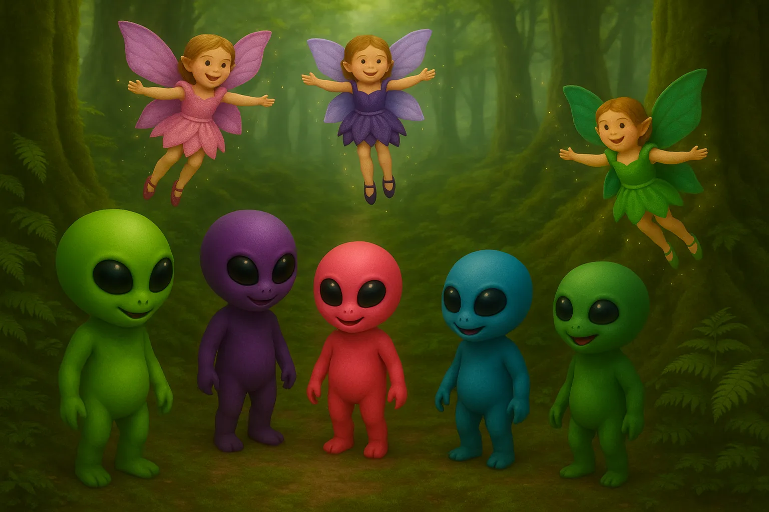 Aliens standing in a glowing forest glade as sparkling fairies with radiant wings descend to greet them.