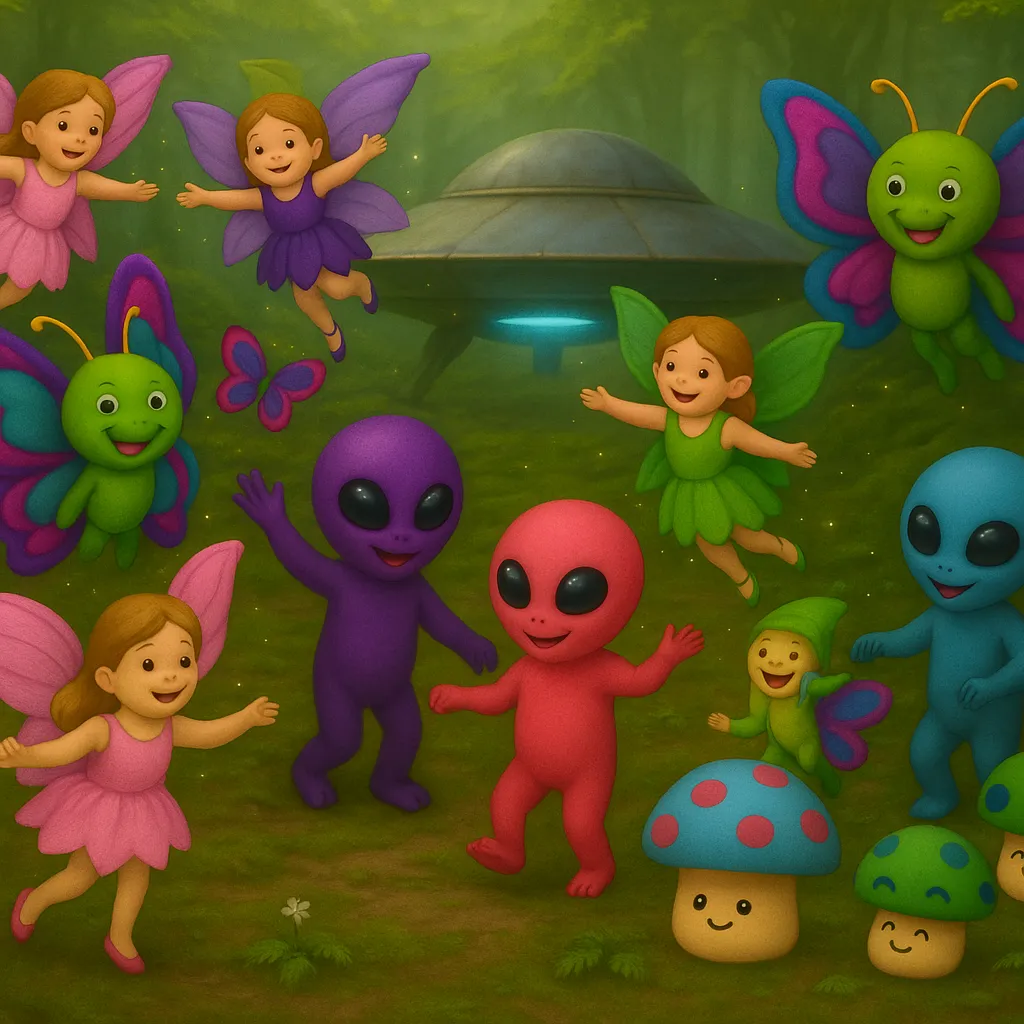 Aliens, butterflies, mushrooms, and fairies dance and celebrate around a spaceship under a starry sky.