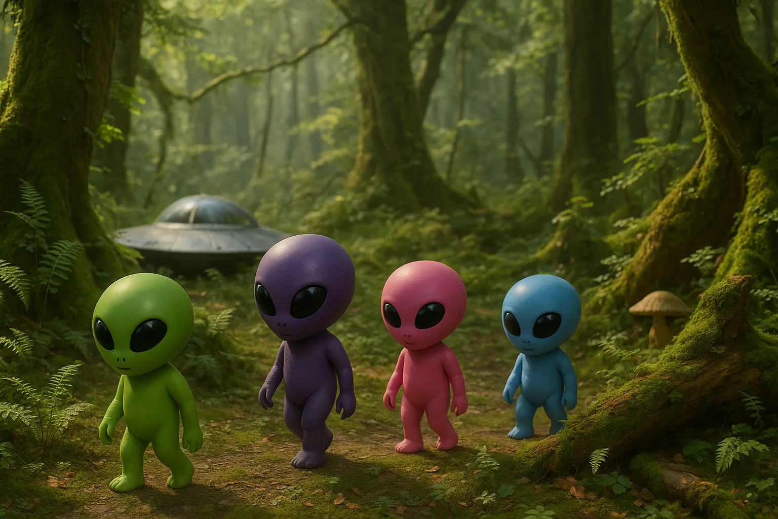 Four colorful aliens walking along a mossy path; their spacecraft sits in the forest background.
