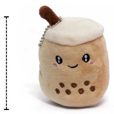 4-inch plush boba tea toy with smiling embroidered face, straw, and keychain attachment.