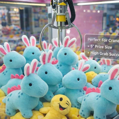 5-inch plush dinosaur toys with bunny ears inside an arcade claw machine, pastel blue dinosaur plush crane prizes designed for Easter themed crane games.