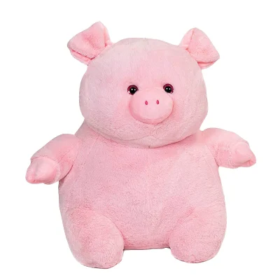 Chubby pink plush pig with soft fuzzy fabric, rounded body, embroidered eyes, and small ears on a white background.