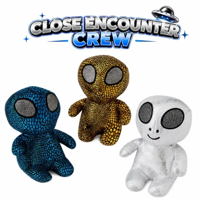 Close Encounter Crew metallic plush alien collection featuring blue, gold, and silver extraterrestrial plush toys on a white background. Sci-fi themed alien plush prizes with collectible character styling for claw machines, arcades, redemption counters, and gift shops.