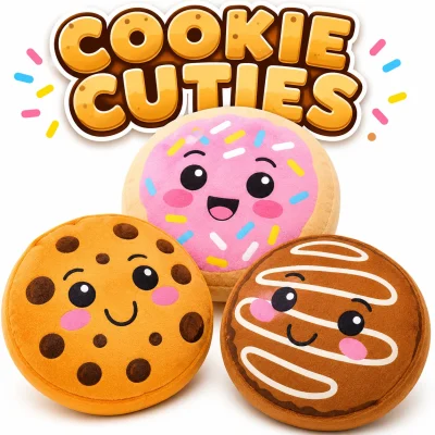 Cookie Cuties plush collection featuring a smiling pink frosted sprinkle cookie, chocolate chip cookie, and iced cookie plush on a white background with a bold "COOKIE CUTIES" title above. Cute kawaii dessert-themed stuffed toys designed for claw machines, arcades, redemption counters, and prize displays.