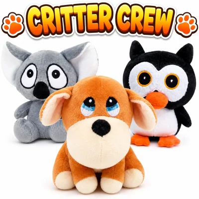 "Critter Crew plush animal assortment featuring a cute brown puppy with teary eyes, a gray koala, and a black-and-white penguin on a white background. The plush animals are displayed beneath a bold orange-and-yellow CRITTER CREW title with paw print accents, creating a fun and collectible crane prize presentation."