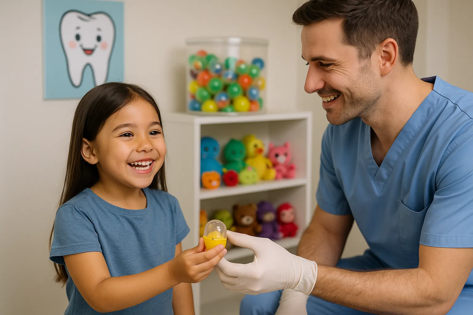 Smiling child receives a toy capsule from a dentist in a kid-friendly office with a prize shelf in the background.