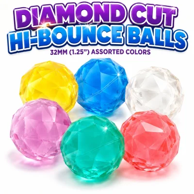 32mm (1.25-inch) diamond cut hi-bounce balls in assorted translucent colors with crystal-style faceted surfaces, ideal for bulk vending machines, capsule toys, prize redemption, party favors, and arcade prizes.